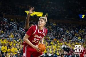 Nebraska Cornhusker forward Leo Curtis (33) makes lay up against the Michigan Wolverines in the first half during a college men’s basketball game Tuesday, Jan. 27, 2026, in Ann Arbor, Michigan. Photo by John S. Peterson.