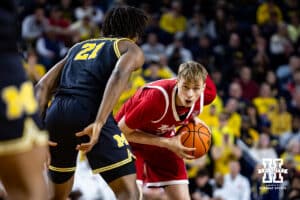 Nebraska Cornhusker forward Leo Curtis (33) played some producive minutes with Rienk Mast out with the flu against the Michigan Wolverines in the first half during a college men’s basketball game Tuesday, Jan. 27, 2026, in Ann Arbor, Michigan. Photo by John S. Peterson.