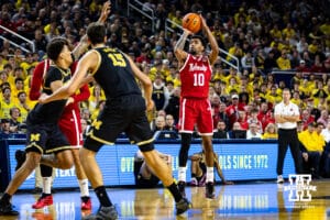Nebraska Cornhusker guard Jamarques Lawrence (10) makes a three point basket against the Michigan Wolverines in the first half during a college men’s basketball game Tuesday, Jan. 27, 2026, in Ann Arbor, Michigan. Photo by John S. Peterson.