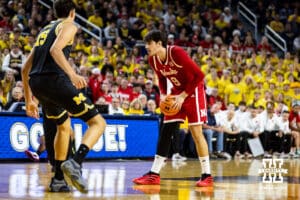 Nebraska Cornhusker forward Berke Büyüktuncel (9) looks for an open man to pass to Michigan Wolverine center Aday Mara (15) in the first half during a college men’s basketball game Tuesday, Jan. 27, 2026, in Ann Arbor, Michigan. Photo by John S. Peterson.