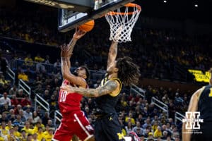 Nebraska Cornhusker guard Jamarques Lawrence (10) makes a basket against the Michigan Wolverines during a college men’s basketball game Tuesday, Jan. 27, 2026, in Ann Arbor, Michigan. Photo by John S. Peterson.