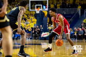 Nebraska Cornhusker guard Jamarques Lawrence (10) dribbles the ball against Michigan Wolverine forward Morez Johnson Jr. (21) in the first half during a college men’s basketball game Tuesday, Jan. 27, 2026, in Ann Arbor, Michigan. Photo by John S. Peterson.