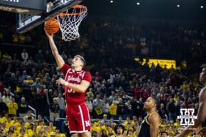 Nebraska Cornhusker guard Cale Jacobsen (31) makes the opening basket against the Michigan Wolverines in the first half during a college men’s basketball game Tuesday, Jan. 27, 2026, in Ann Arbor, Michigan. Photo by John S. Peterson.
