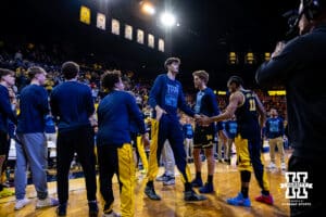 Michigan Wolverine center Aday Mara (15) introduced to the fans before taking on the Nebraska Cornhuskers during a college men’s basketball game Tuesday, Jan. 27, 2026, in Ann Arbor, Michigan. Photo by John S. Peterson.