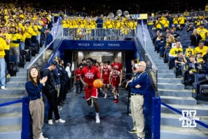 Nebraska Cornhusker forward Justin Bolis (7) leads the Huksers out to take on the Michigan Wolverines during a college men’s basketball game Tuesday, Jan. 27, 2026, in Ann Arbor, Michigan. Photo by John S. Peterson.