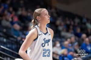 Creighton Bluejay Neleigh Gessert (23) checks in during a college basketball game against St. John’s on Jan 28, 2026, in Omaha, Nebraska. Photo by Brandon Tiedemann