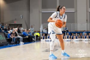 Creighton Bluejay Grace Boffeli (42) looks to pass during a college basketball game against St. John’s on Jan 28, 2026, in Omaha, Nebraska. Photo by Brandon Tiedemann