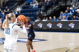 Creighton Bluejay Norah Gessert (30) shoots a three pointer during a college basketball game against St. John’s on Jan 28, 2026, in Omaha, Nebraska. Photo by Brandon Tiedemann
