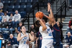 Creighton Bluejay Grace Boffeli (42) looks to shoot during a college basketball game against St. John’s on Jan 28, 2026, in Omaha, Nebraska. Photo by Brandon Tiedemann