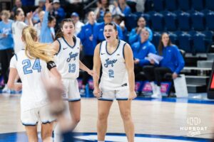 Creighton Bluejay Kennedy Townsend (2) cheers before halftime during a college basketball game against St. John’s on Jan 28, 2026, in Omaha, Nebraska. Photo by Brandon Tiedemann