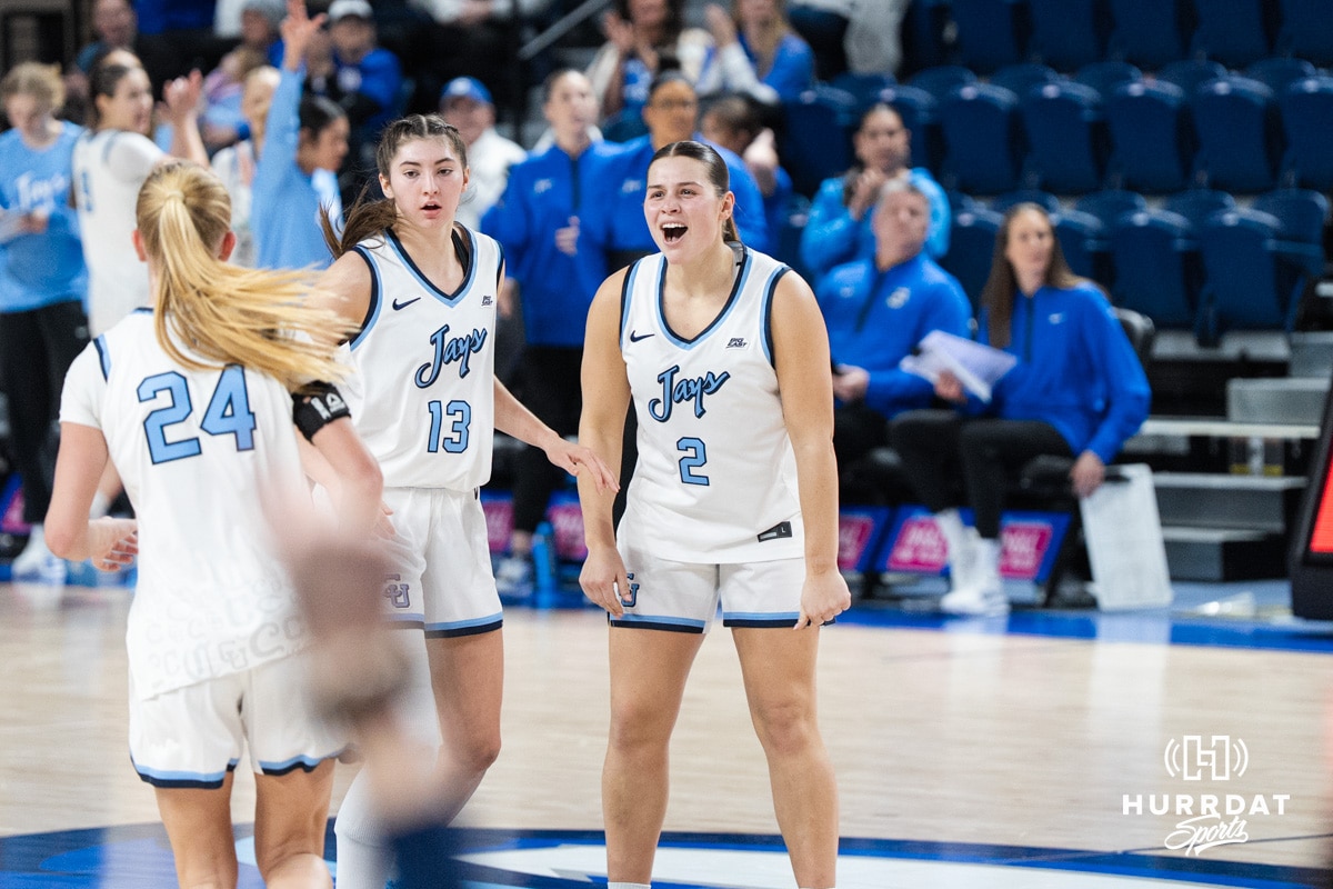 Creighton Bluejay Kennedy Townsend (2) cheers before halftime during a college basketball game against St. John’s on Jan 28, 2026, in Omaha, Nebraska. Photo by Brandon Tiedemann