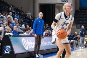 Creighton Bluejay Ava Zediker (24) looks to pass during a college basketball game against St. John’s on Jan 28, 2026, in Omaha, Nebraska. Photo by Brandon Tiedemann