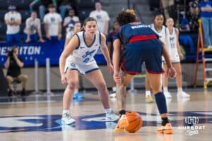 Creighton Bluejay Kennedy Townsend (2) waits for Shaulana Wagner (8) to pick up the ball during a college basketball game against St. John’s on Jan 28, 2026, in Omaha, Nebraska. Photo by Brandon Tiedemann