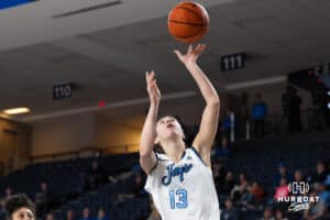 Creighton Bluejay Allison Heathcock (13) shoots a layup during a college basketball game against St. John’s on Jan 28, 2026, in Omaha, Nebraska. Photo by Brandon Tiedemann