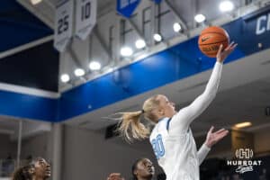Creighton Bluejay Norah Gessert (30) shoots a layup during a college basketball game against St. John’s on Jan 28, 2026, in Omaha, Nebraska. Photo by Brandon Tiedemann