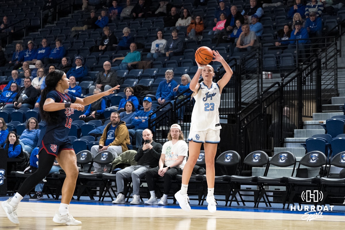 Creighton Bluejay Neleigh Gessert (23) shoots a wide open three pointer during a college basketball game against St. John’s on Jan 28, 2026, in Omaha, Nebraska. Photo by Brandon Tiedemann
