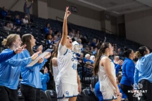Creighton Bluejay Grace Boffeli (42) celebrates a Neleigh Gessert (23) three pointer during a college basketball game against St. John’s on Jan 28, 2026, in Omaha, Nebraska. Photo by Brandon Tiedemann