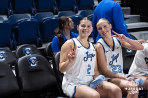 Creighton Bluejays Kennedy Townsend (2) and Neleigh Gessert (23) smile before a college basketball game against St. John’s on Jan 28, 2026, in Omaha, Nebraska. Photo by Brandon Tiedemann