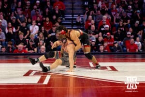 At heavyweight, Nebraska wrestler AJ Ferrari drops Ohio State wrestler Nick Feldman during a college wrestling dual Sunday, Jan. 25, 2026, Lincoln, Nebraska. Photo by Braden Cochran.