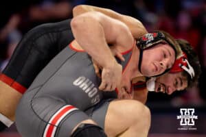 At heavyweight, Nebraska wrestler AJ Ferrari tries to pull over Ohio State wrestler Nick Fieldman during a college wrestling dual Sunday, Jan. 25, 2026, Lincoln, Nebraska. Photo by Braden Cochran.