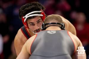 At heavyweight, Nebraska wrestler AJ Ferrari watches his opponent Ohio State wrestler Nick Feldman during a college wrestling dual Sunday, Jan. 25, 2026, Lincoln, Nebraska. Photo by Braden Cochran.