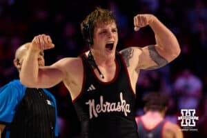 Nebraska Cornhusker Camden McDanel flexes after his win over Ohio Buckeye Luke Geog during a college wrestling dual Sunday, Jan. 25, 2026, Lincoln, Nebraska. Photo by Braden Cochran.