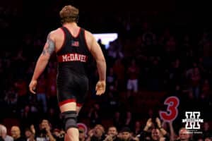 At 197, Nebraska wrestler Camden McDanel celebrates a three point takedown during a college wrestling dual Sunday, Jan. 25, 2026, Lincoln, Nebraska. Photo by Braden Cochran.