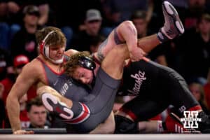 At 197, Nebraska Cornhusker Camden McDanel takes down Ohio State Buckeye during a college wrestling dual Sunday, Jan. 25, 2026, Lincoln, Nebraska. Photo by Braden Cochran.