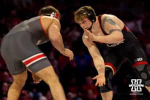 At 197, Nebraska wrestler Camden McDanel circles around the mat with Ohio State wrestler Luke Geog during a college wrestling dual Sunday, Jan. 25, 2026, Lincoln, Nebraska. Photo by Braden Cochran.