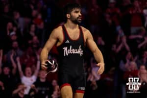 At 184, Silas Allred celebrates a win over Ohio State wrestler Dylan Fishback during a college wrestling dual Sunday, Jan. 25, 2026, Lincoln, Nebraska. Photo by Braden Cochran.