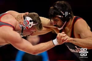 At 184, Nebraska wrestler Silas Allred tries to control Ohio State wrestler Dylan Fishback during a college wrestling dual Sunday, Jan. 25, 2026, Lincoln, Nebraska. Photo by Braden Cochran.