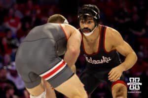 At 184, Nebraska Cornhusker Silas Allred sizes up his opponent Ohio State Buckeye Dylan Fishback during a college wrestling dual Sunday, Jan. 25, 2026, Lincoln, Nebraska. Photo by Braden Cochran.