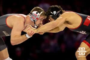 At 184, Nebraska Cornhusker Silas Alred locks up with Ohio State Buckeye Dylan Fishback during a college wrestling dual Sunday, Jan. 25, 2026, Lincoln, Nebraska. Photo by Braden Cochran.