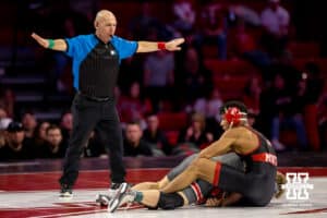 At 174, Nebraska Husker Christopher Minto attempts to takedown Ohio State Buckeye Carson Kharchla during a college wrestling dual Sunday, Jan. 25, 2026, Lincoln, Nebraska. Photo by Braden Cochran.
