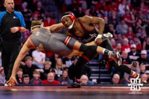 At 157, Nebraska Cornhusker Antrell Taylor takes down Ohio State Buckeye Maddox Shaw to the ground during a college wrestling dual Sunday, Jan. 25, 2026, Lincoln, Nebraska. Photo by Braden Cochran.