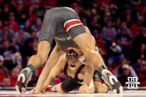 At 149, Nebraska Husker Chance Lamer swings and misses when reaching for Ohio State Buckeye Ethan Stiles during a college wrestling dual Sunday, Jan. 25, 2026, Lincoln, Nebraska. Photo by Braden Cochran.