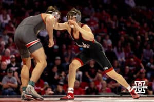 At 149, Nebraska wrestler Chance Lamer reaches for Ohio State wrestler Ethan Stiles during a college wrestling dual Sunday, Jan. 25, 2026, Lincoln, Nebraska. Photo by Braden Cochran.