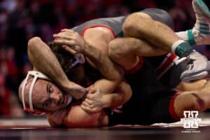 At 141, Nebraska Cornhusker Brock Hardy is tangled up by Ohio State Buckeye Jesse Mendez during a college wrestling dual Sunday, Jan. 25, 2026, Lincoln, Nebraska. Photo by Braden Cochran.