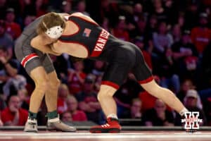 At 133, Nebraska Cornhuser Jacob Van Dee pushes against Ohio State Buckeye Ben Devino during a college wrestling dual Sunday, Jan. 25, 2026, Lincoln, Nebraska. Photo by Braden Cochran.