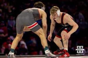 At 125, Nebraska Cornhusker Kael Lauridsen squares off against Ohio State Buckeye Nic Bouzakis during a college wrestling dual Sunday, Jan. 25, 2026, Lincoln, Nebraska. Photo by Braden Cochran.