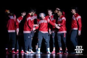 Nebraska Cornhusker Brock Hardy is hyped up by his teammates before he is introduced to John Cook Arena during a college wrestling dual Sunday, Jan. 25, 2026, Lincoln, Nebraska. Photo by Braden Cochran.