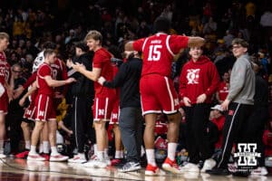 Nebraska Cornhuskers celebrates the win over the Minnesota Golden Gophers during a college men’s basketball game Saturday, Jan. 24, 2026, in Minneapolis, Minnesota. Photo by John S. Peterson.
