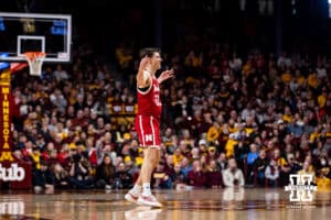 Nebraska Cornhusker forward Pryce Sandfort (21) celebrates making a three point shot against the Minnesota Golden Gophers in the second half during a college men’s basketball game on Saturday, Jan. 24, 2026, in Minneapolis, Minnesota. Photo by John S. Peterson.