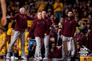 Minnesota Golden Gopher head coach Niko Medved watches the action on the court with his coaching staff behind him against the Nebraska Cornhuskers in the second half during a college men’s basketball game on Saturday, Jan. 24, 2026, in Minneapolis, Minnesota. Photo by John S. Peterson.