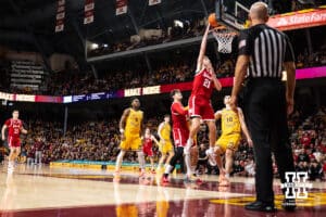 Nebraska Cornhusker forward Pryce Sandfort (21) makes a lay up against the Minnesota Golden Gophers in the second half during a college men’s basketball game on Saturday, Jan. 24, 2026, in Minneapolis, Minnesota. Photo by John S. Peterson.