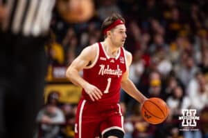 Nebraska Cornhusker guard Sam Hoiberg (1) dribbles the ball down the court against the Minnesota Golden Gophers in the second half during a college men’s basketball game on Saturday, Jan. 24, 2026, in Minneapolis, Minnesota. Photo by John S. Peterson.