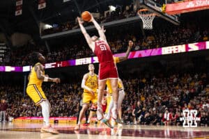 Nebraska Cornhusker forward Rienk Mast (51) reaches for a rebound against the Minnesota Golden Gophers in the second half during a college men’s basketball game on Saturday, Jan. 24, 2026, in Minneapolis, Minnesota. Photo by John S. Peterson.