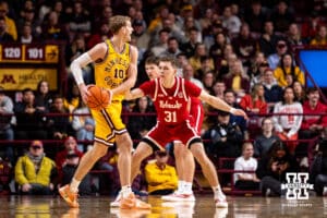 Nebraska Cornhusker guard Cale Jacobsen (31) guards Minnesota Golden Gopher forward Cade Tyson (10) in the second half during a college men’s basketball game on Saturday, Jan. 24, 2026, in Minneapolis, Minnesota. Photo by John S. Peterson.