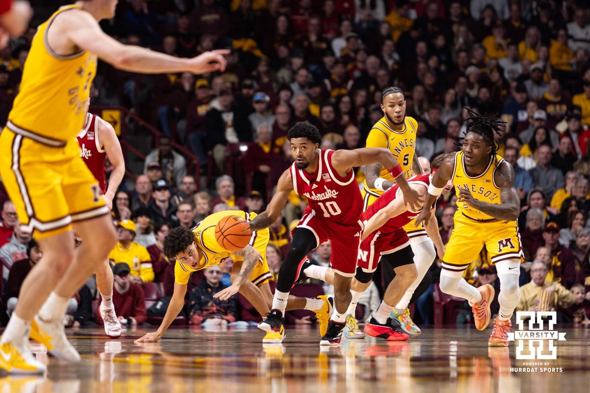 Nebraska Cornhusker guard Jamarques Lawrence (10) gets the turn over against the Minnesota Golden Gophers in the second half during a college men’s basketball game on Saturday, Jan. 24, 2026, in Minneapolis, Minnesota. Photo by John S. Peterson.