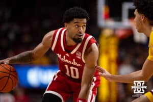 Nebraska Cornhusker guard Jamarques Lawrence (10) dribbles the ball against the Minnesota Golden Gophers in the second half during a college men’s basketball game on Saturday, Jan. 24, 2026, in Minneapolis, Minnesota. Photo by John S. Peterson.